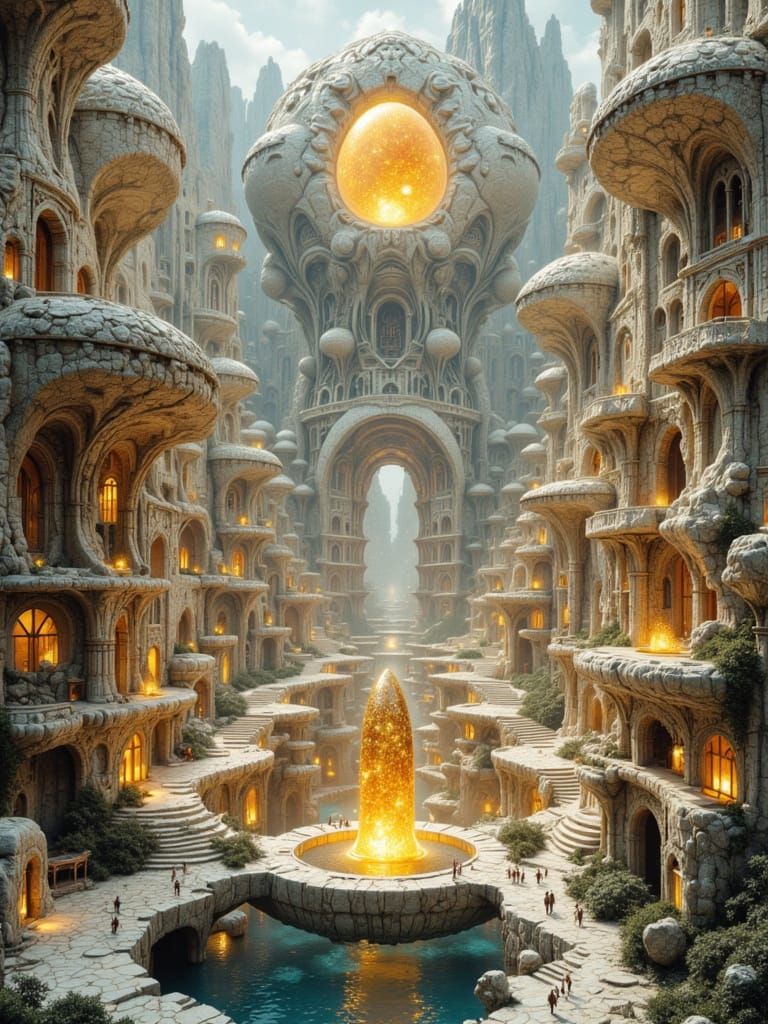 Crystal Temple City on Mountain, Digital Illustration