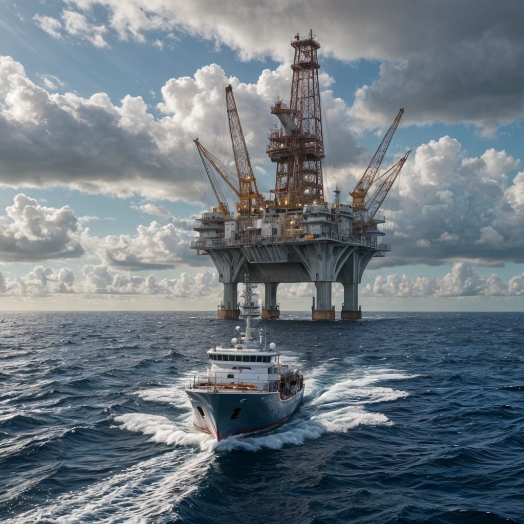 Charter Boat Sails Under Giant Oil Rig