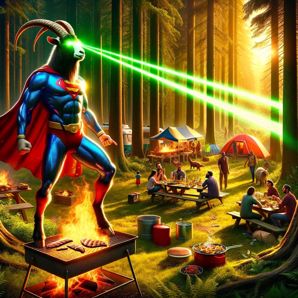 Superpowered Goat Campsite Scene in Dense Forest