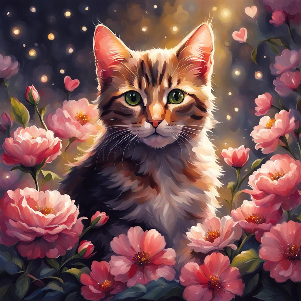 Cute Cat with Flowers in Imaginative Design