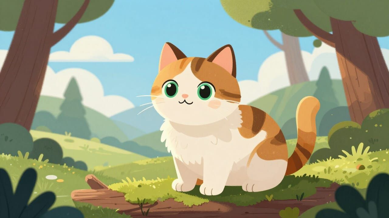 Stylized Vector Cat in Serene Forest Children's Illustration