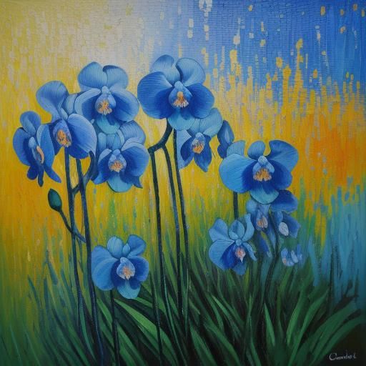 Impasto Masterpiece: Vibrant Blue Orchid in a Lush Meadow