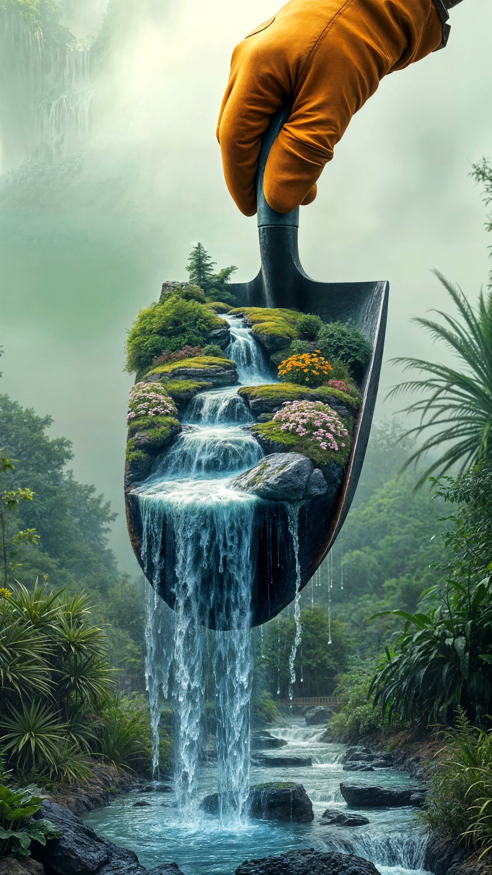 Surreal Gardening Scene with Giant Hand and Waterfall
