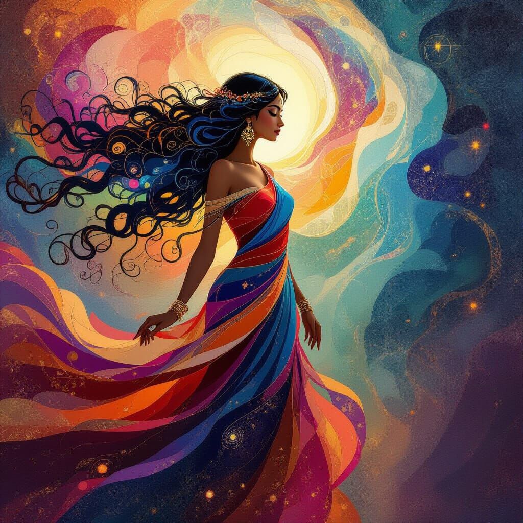 Mystical Indian Woman in Abstract Cosmic Art Nouveau Style
