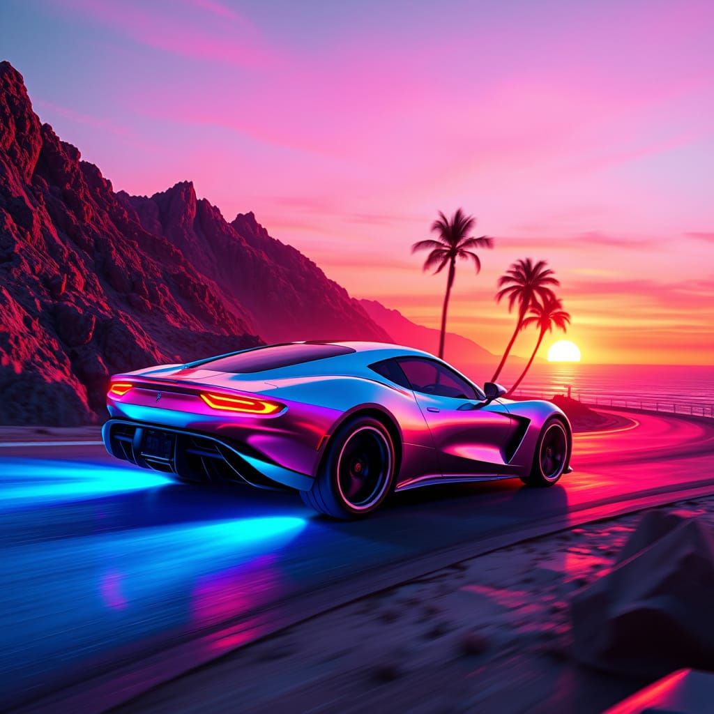 Futuristic Sports Car Speeds Along Coastal Road at Sunset
