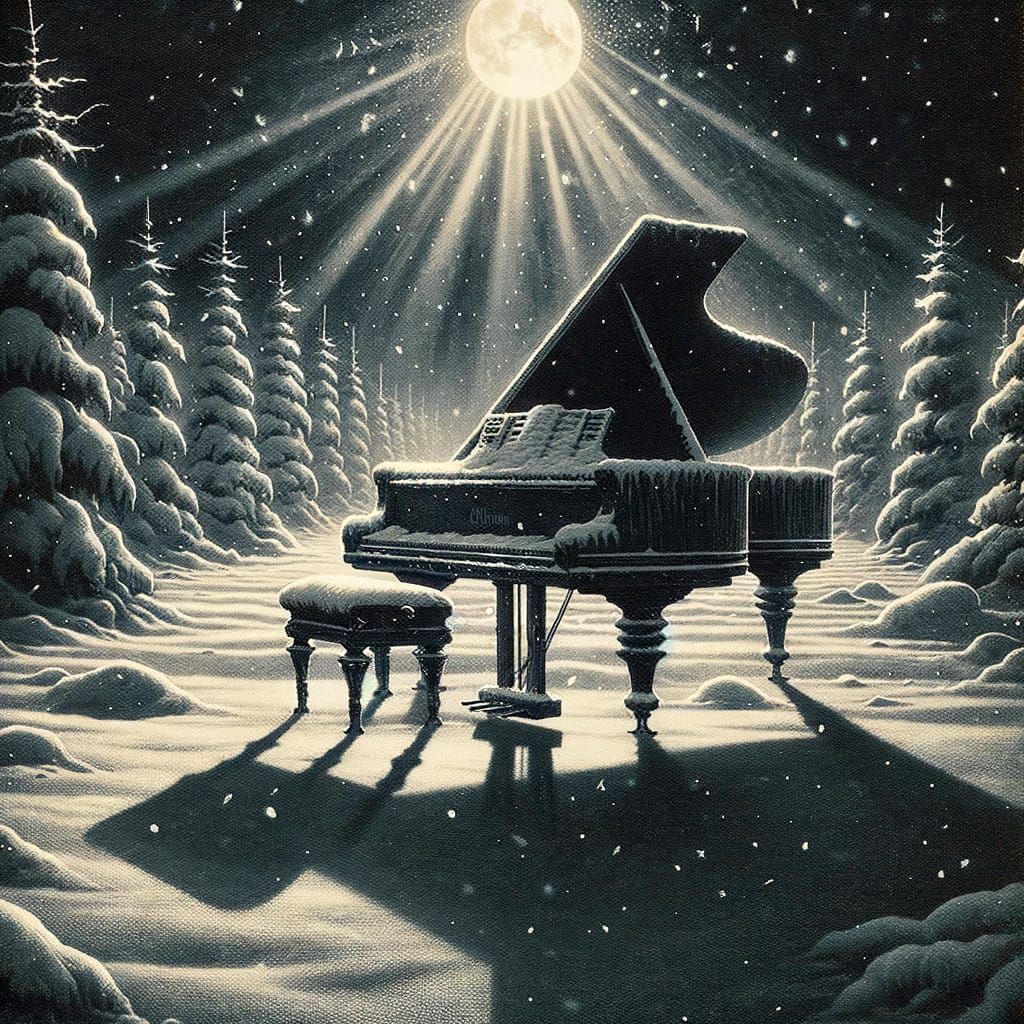 Christmas Grand Piano in Snowy Moonlight, Vintage Style