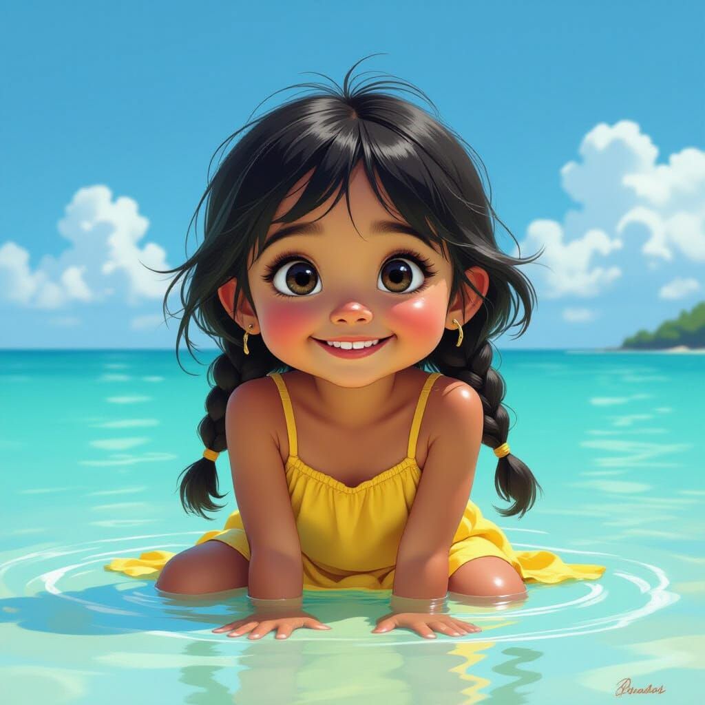 Smiling Indian Girl at Beach in Comic Book Style