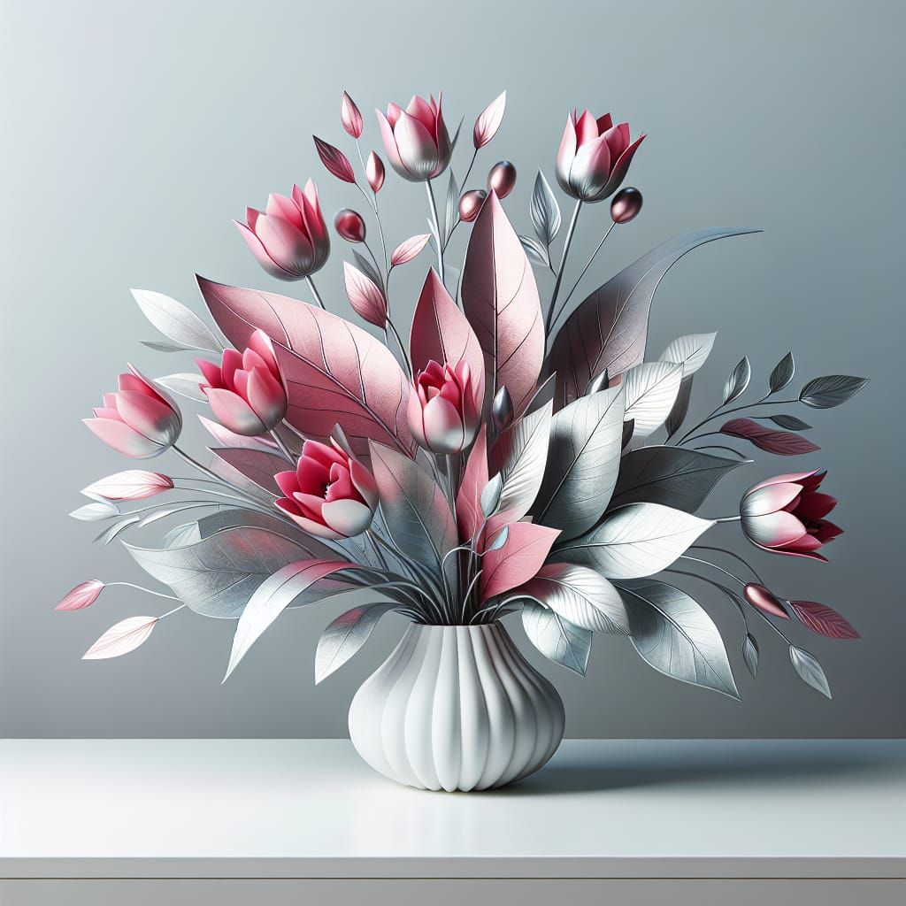 Ethereal Pink Tulips and Metallic Leaves Arrangement