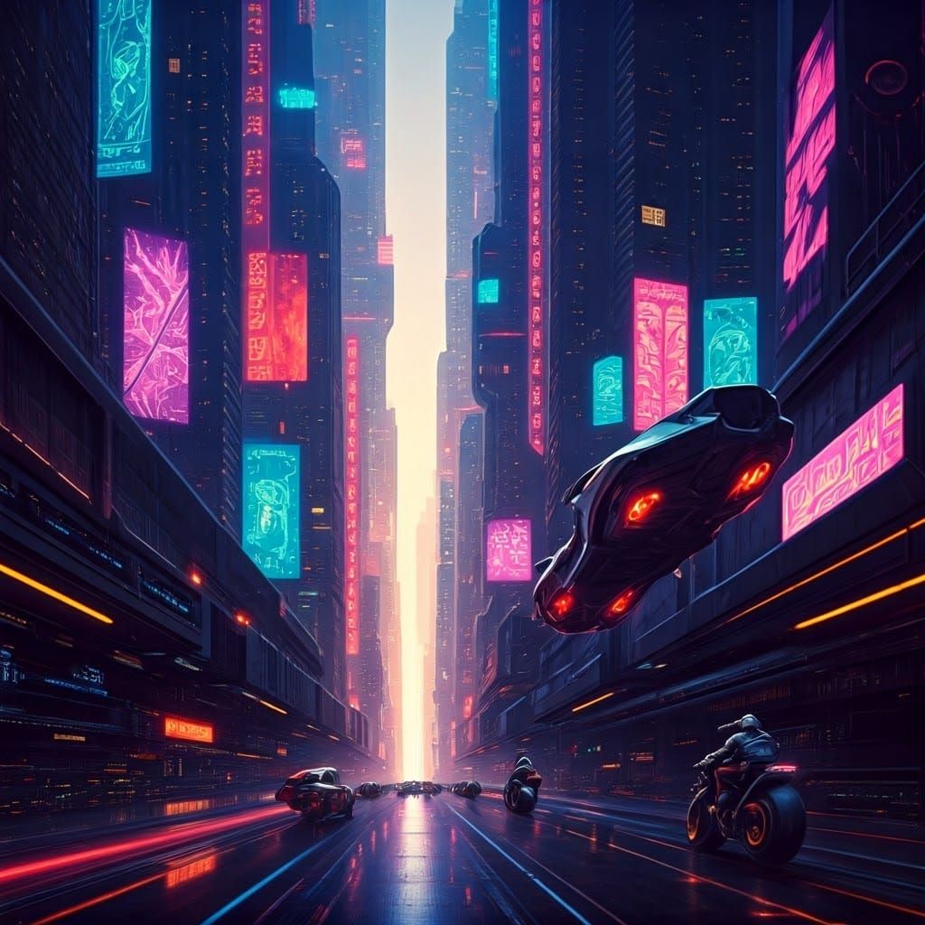 Surreal Futuristic Metropolis in Neon Colors with Flying Veh...