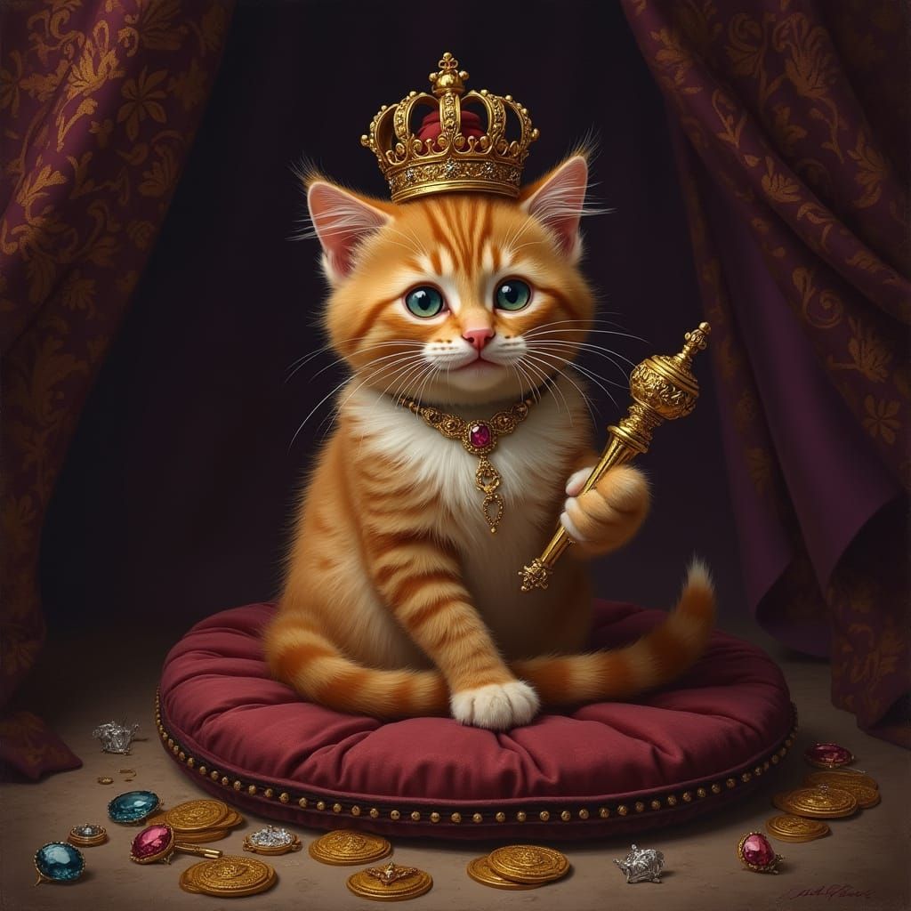 Crowned Tabby Cat Amidst Jewels, Baroque Style
