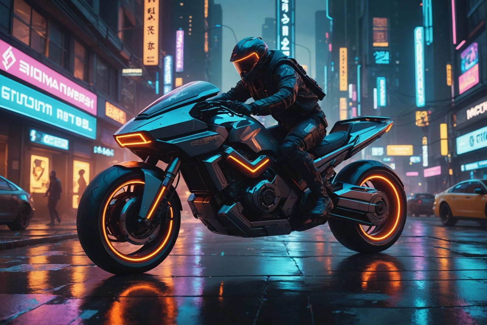 Cyberpunk Hoverbike in Neon Cityscape