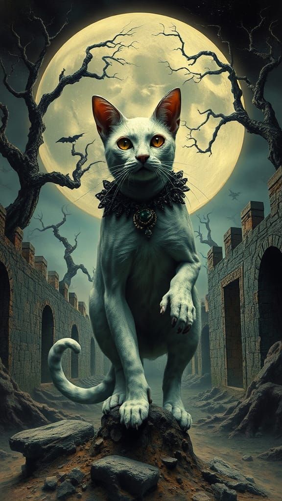 Gothic Halloween Cat Juggernaut in Surrealist Style