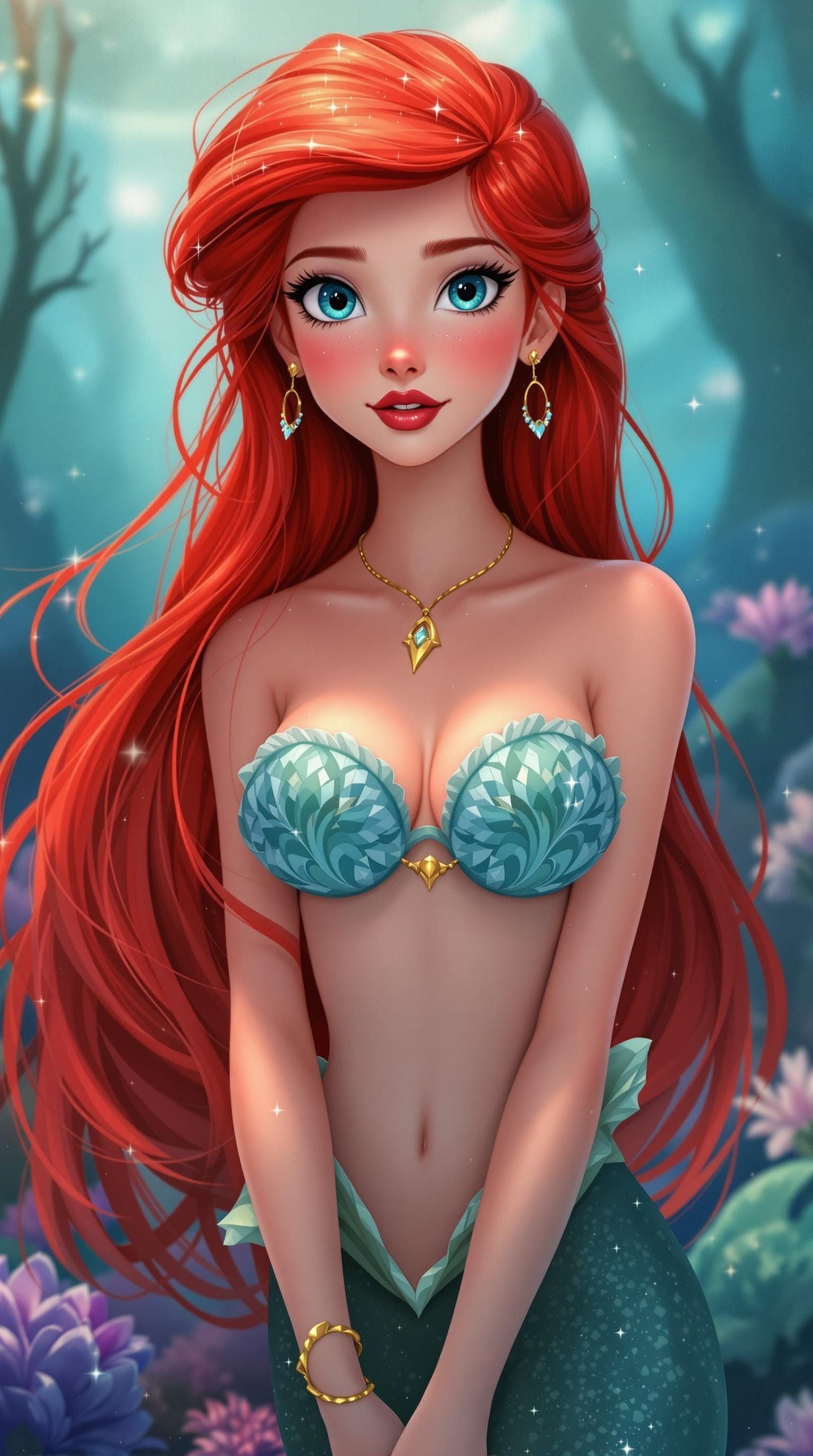 Disney-Style Young Mermaid with Long Red Hair