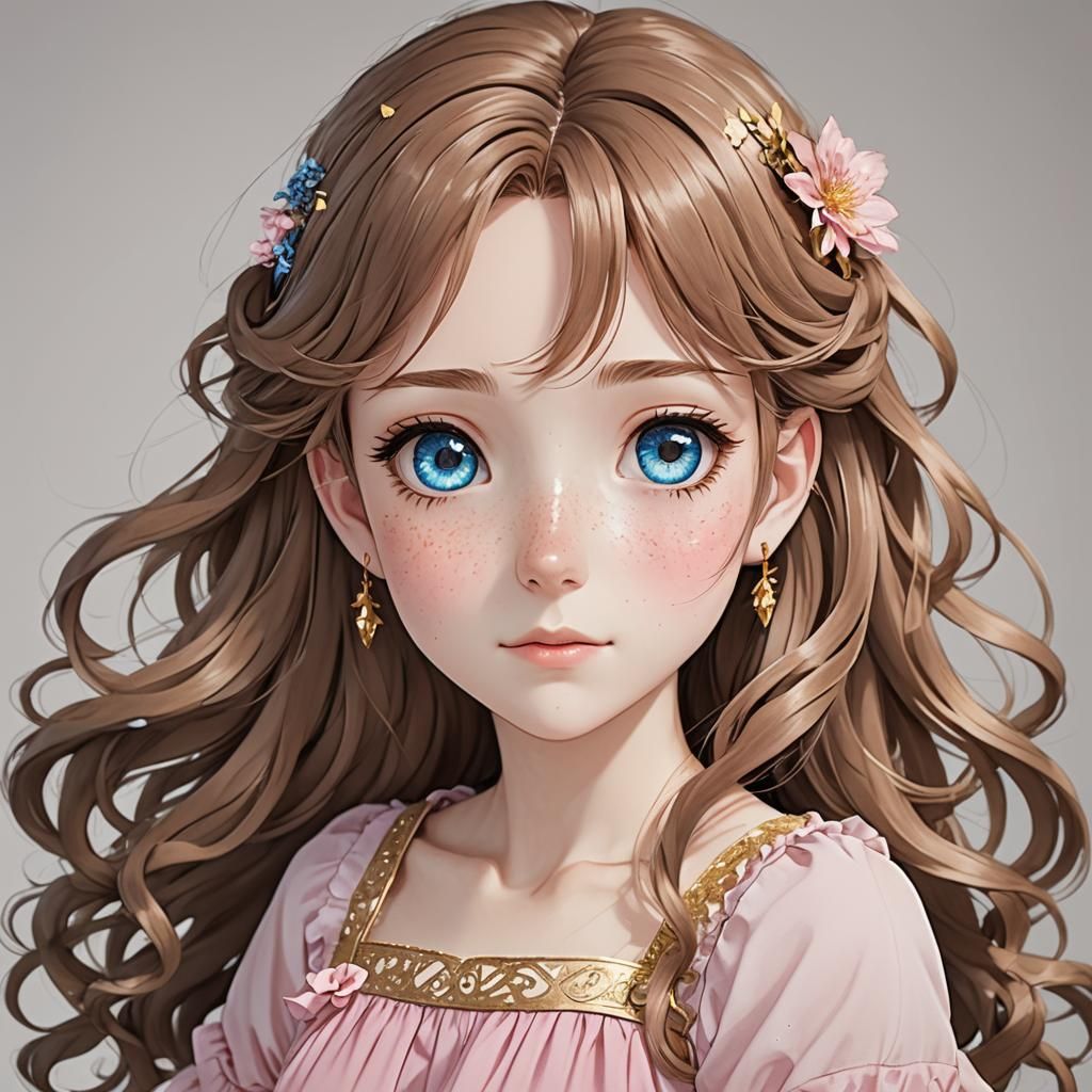 Anime Girl with Freckles in Pink Dress