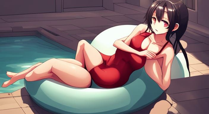 Anime Girl on Yoga Balls in Swimming Pool