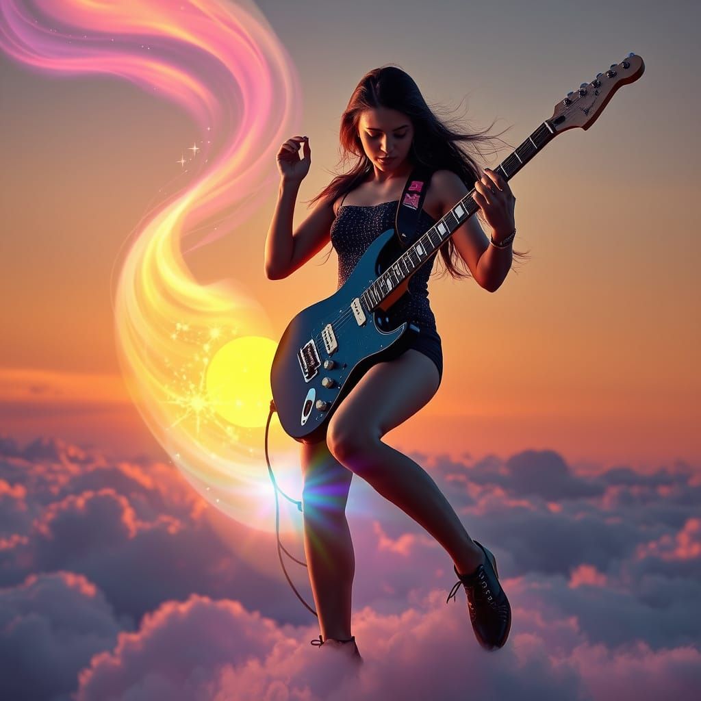 Cyberpunk Guitarist Dancing on Cloud at Sunset