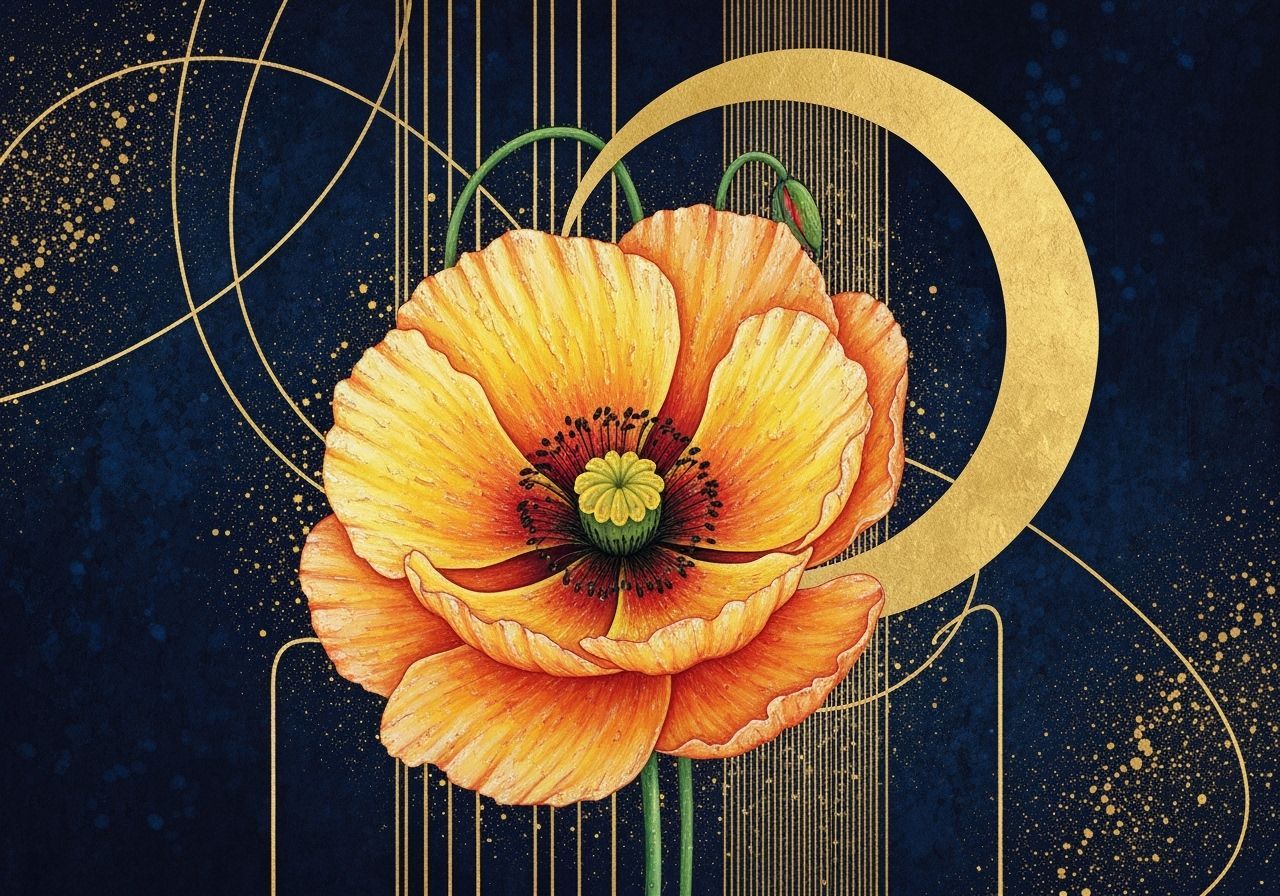 Poppy Flower with Golden Moon in Art Nouveau Style