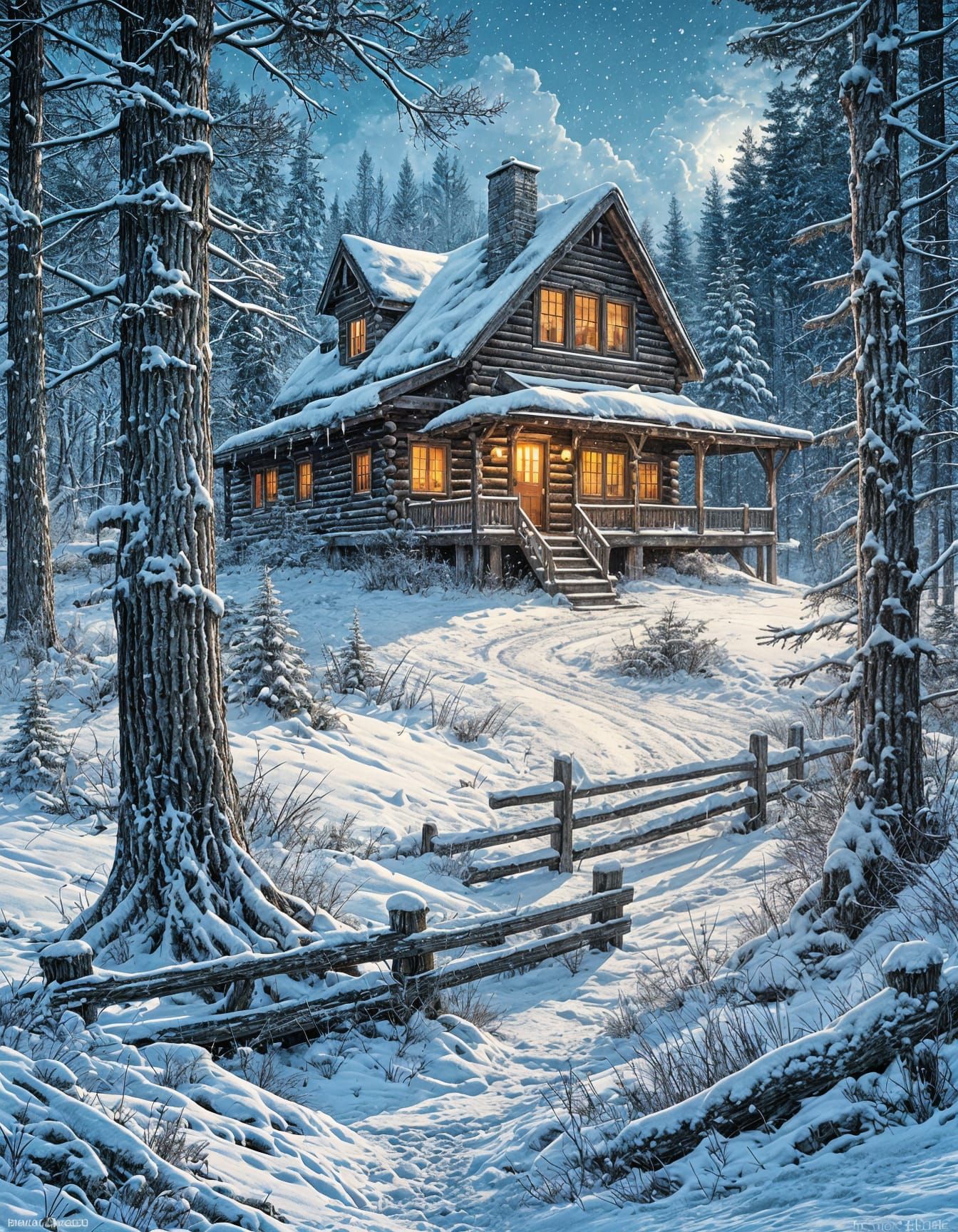 Snowy 1830s Cabin in Comic Book Style