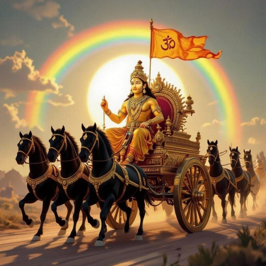 Hindu Sun God Rides Golden Chariot Pulled by White Horses