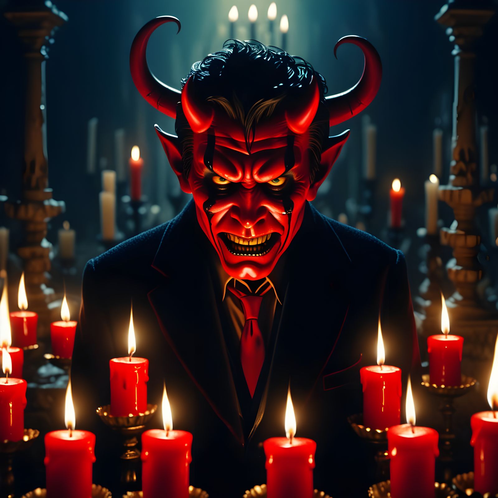 Red Devil Portrait Illuminated by Dripping Candles
