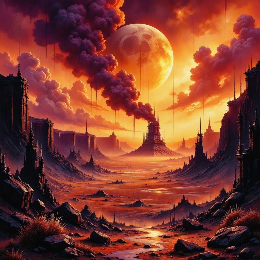Apocalyptic Desert Landscape with Fiery Sky