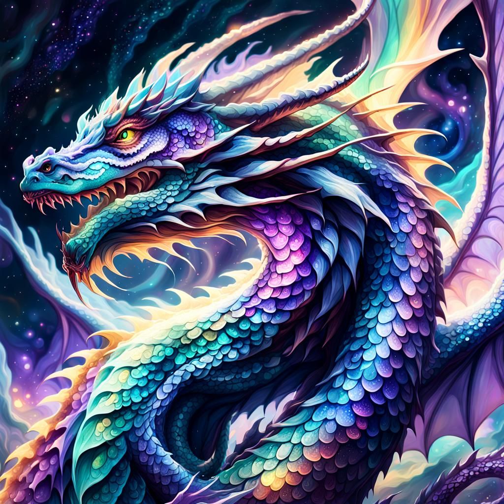 Dreamlike Dragon Spirals Through Dreamscape in Digital Art