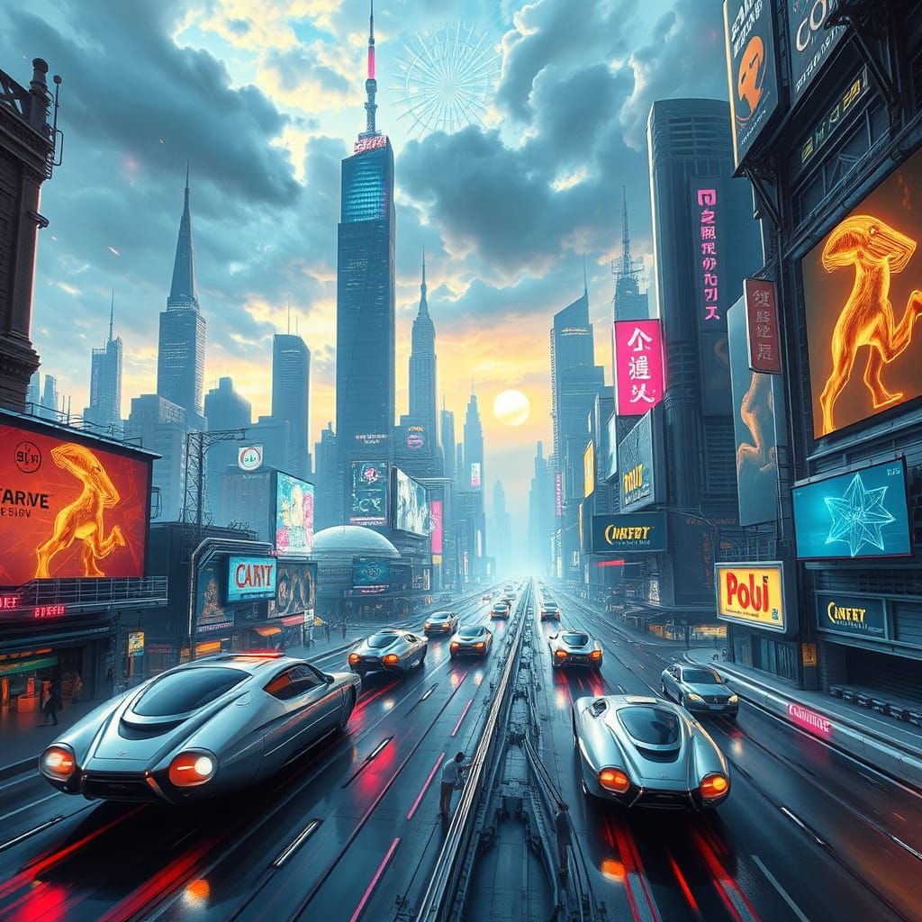 Futuristic Metropolis: Neon Streets and Silver Vehicles