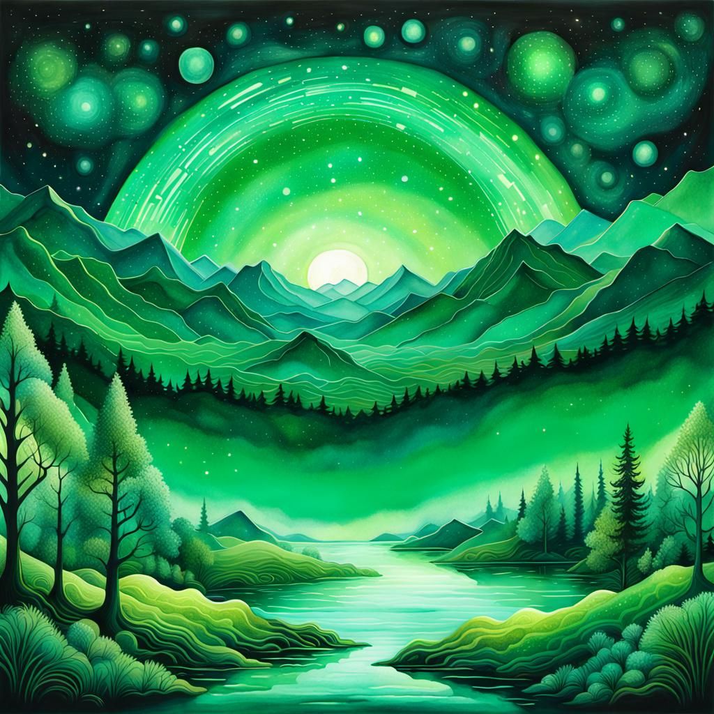 Landscape in Starry Sky: Watercolor Acid Ink Painting