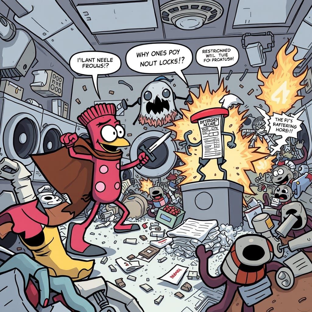 Cartoon Sock Battle in Chaotic Laundry Room