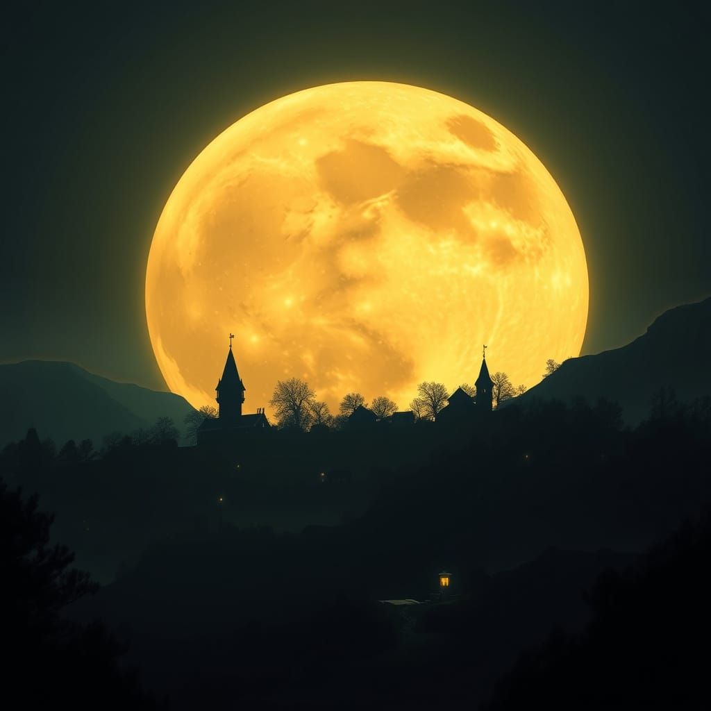 Moonlit Village Silhouette in Digital Matte Painting Style