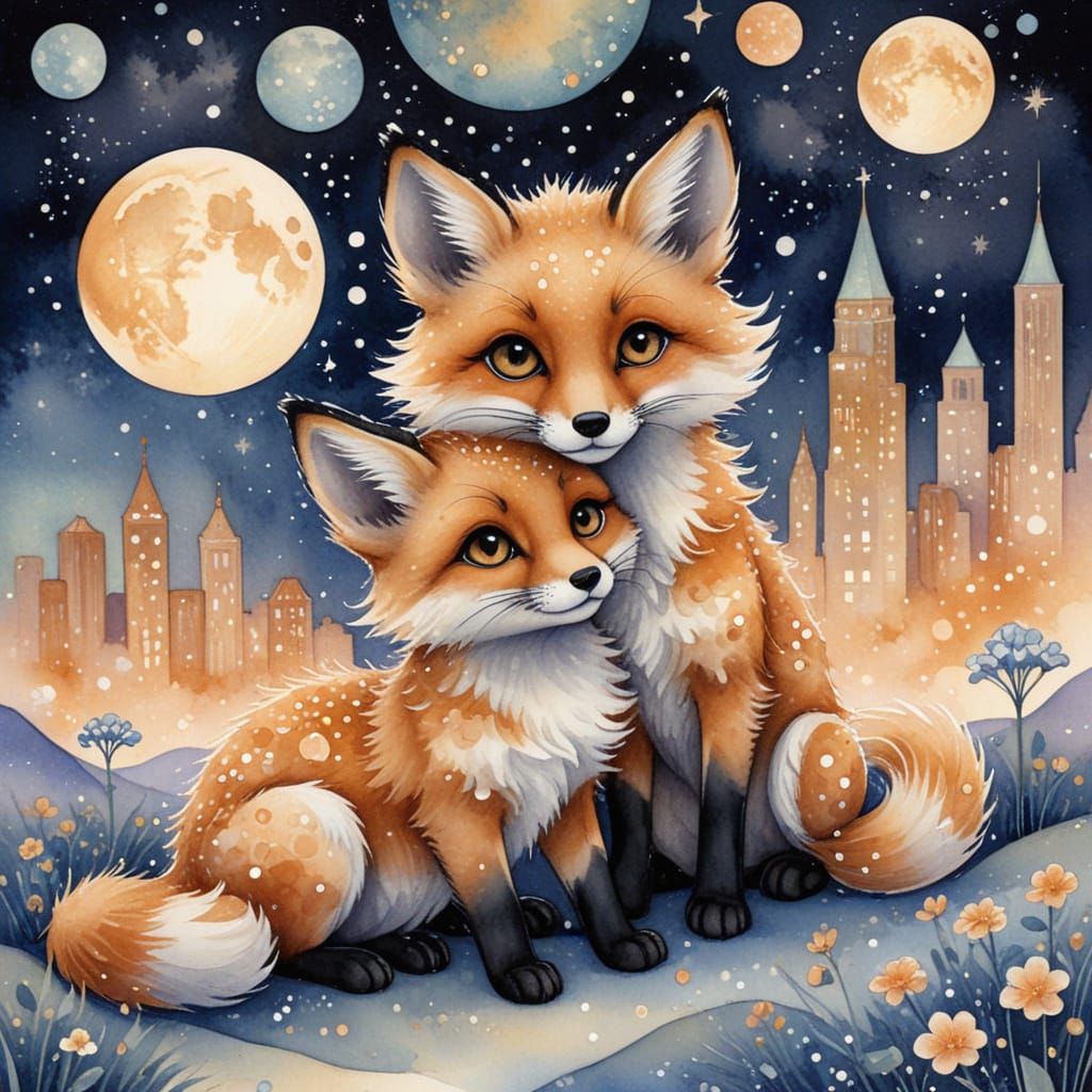 Watercolor Fox Kits in Dreamy Pointillist Landscape