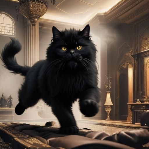 Dramatic Black Persian Cat Attack: Digital Matte Painting