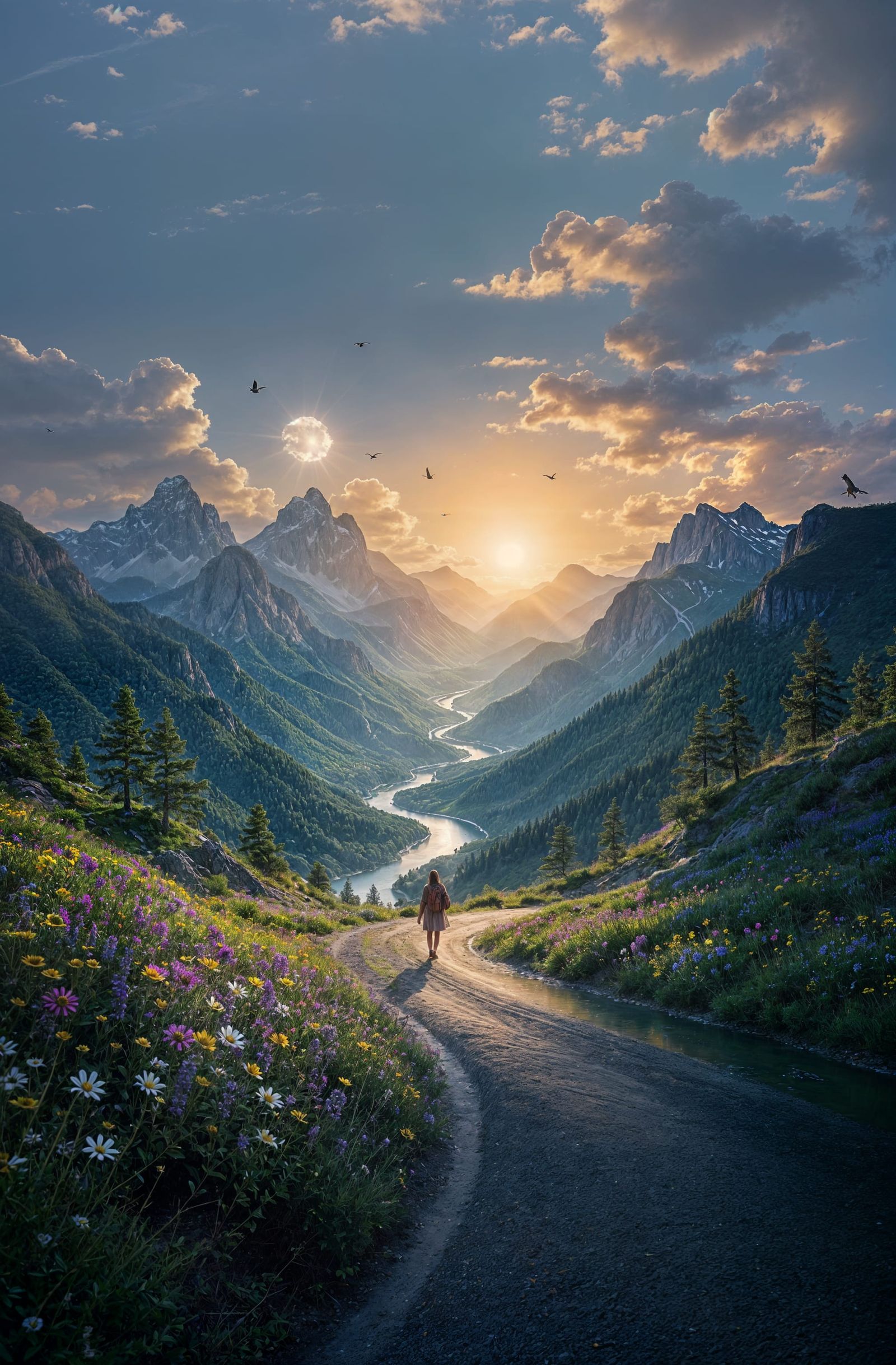 Traveler Ascends Mountain Road in Divine Dawn Light
