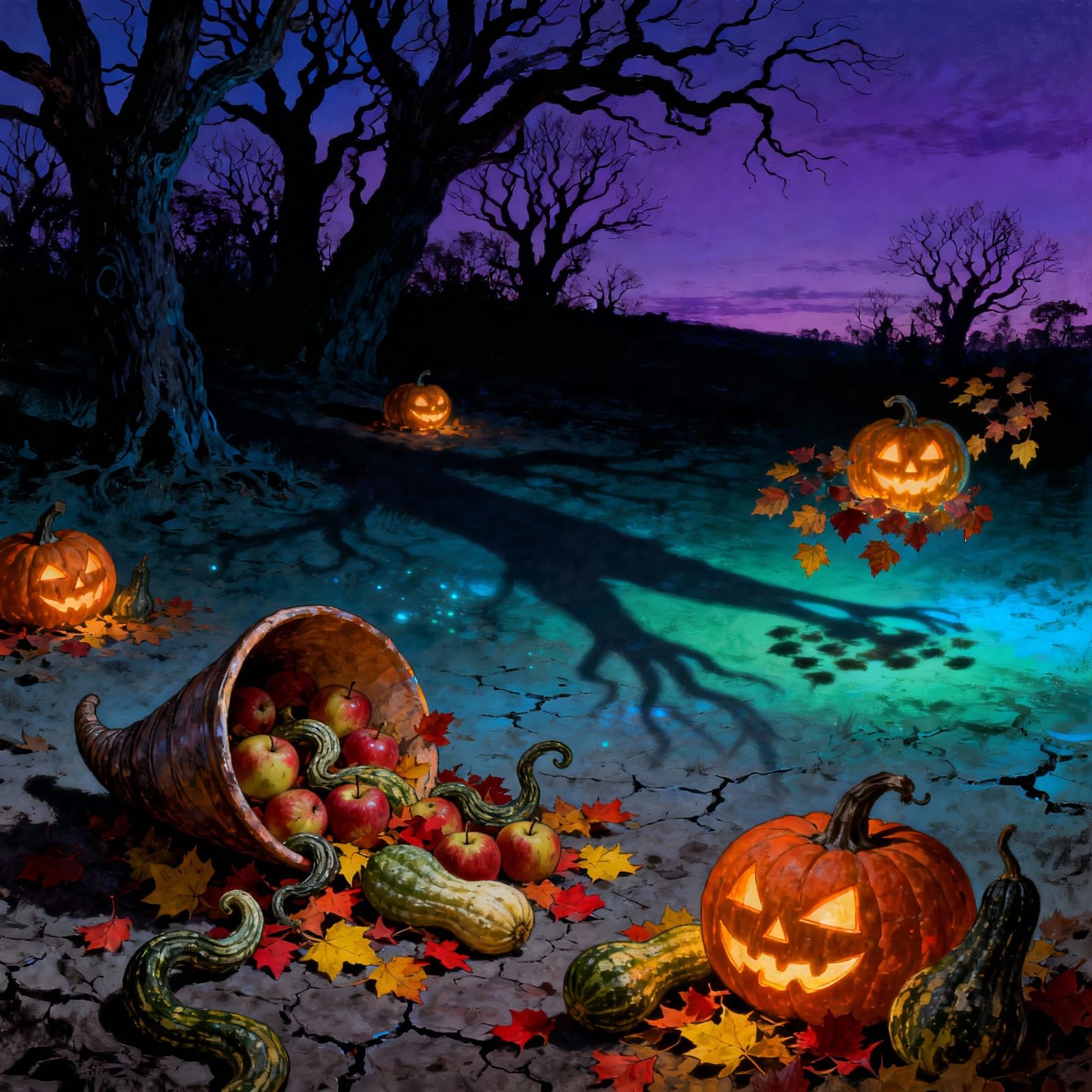 Eerie Halloween Harvest Scene with Glowing Pumpkins and Autu...