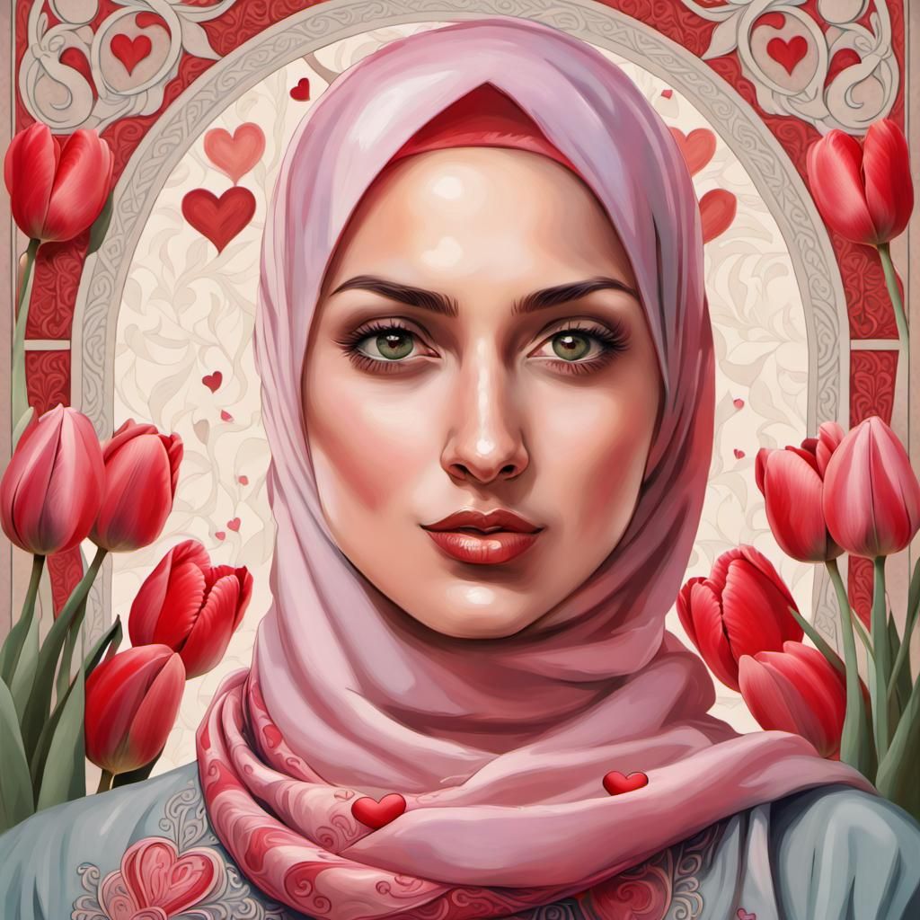 Beautiful Hijabi Woman with Tulips in Art Nouveau Style