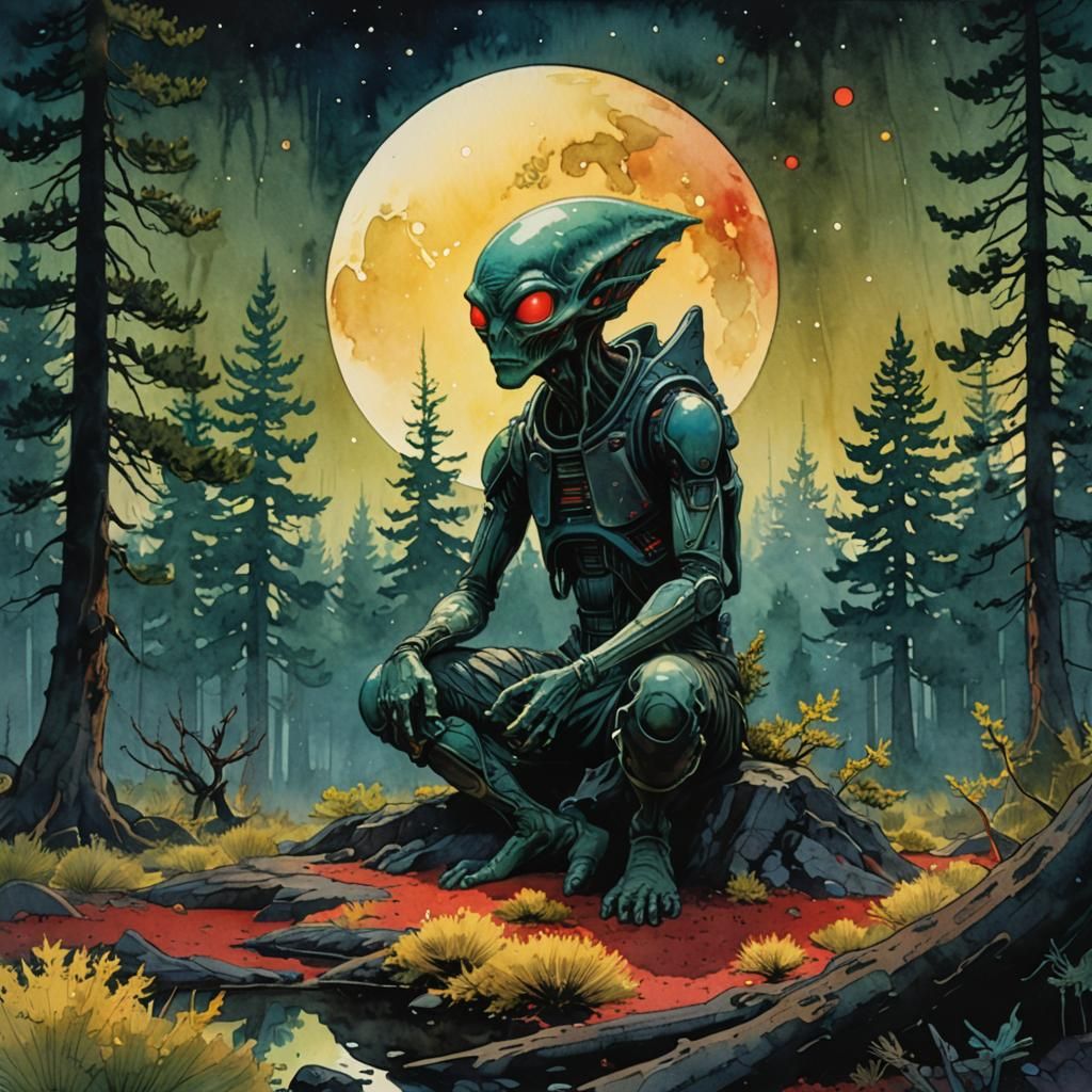 Alien Meditation: Watercolour in Ligne Claire Style