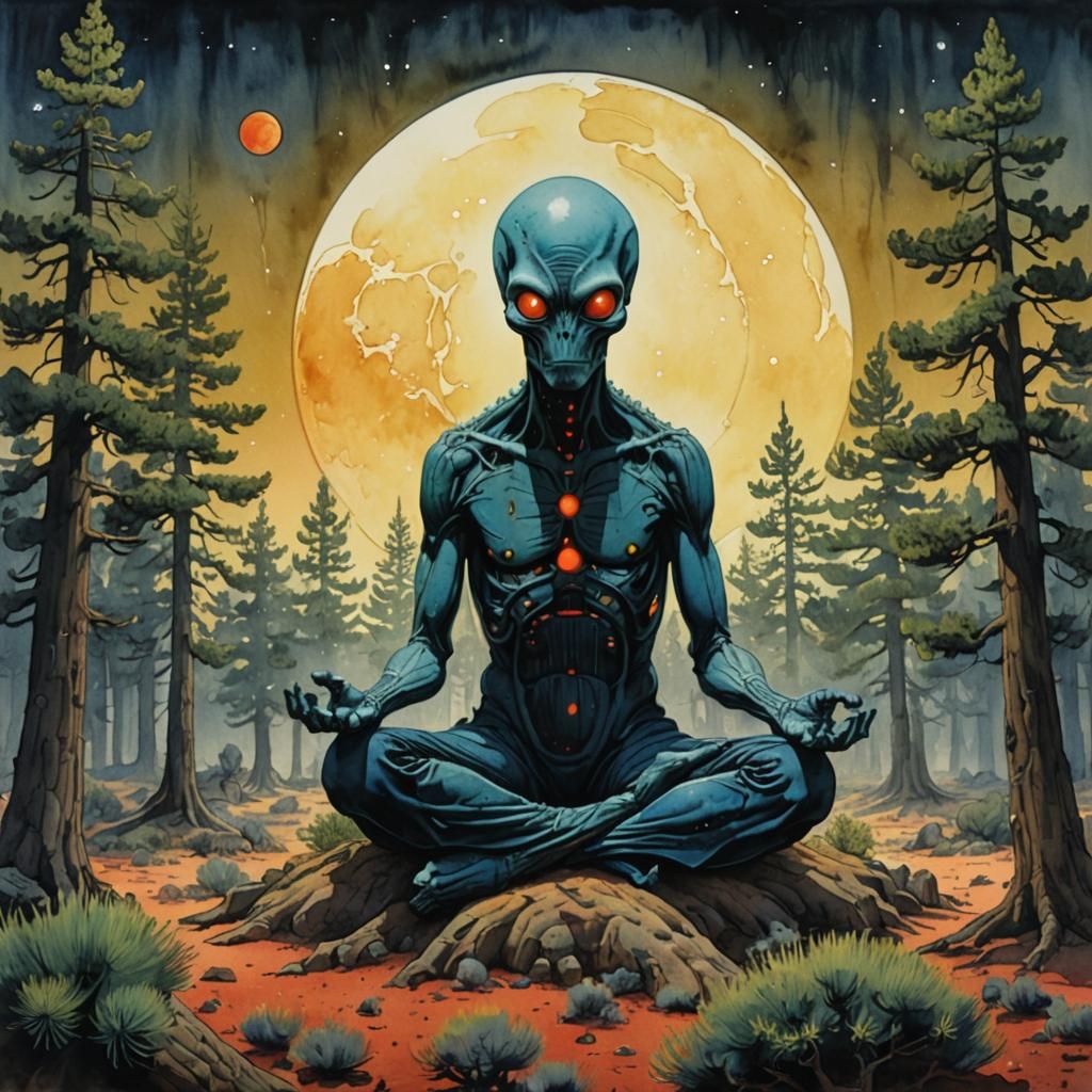 Alien Meditation: Surreal Watercolor Art in Desert Forest
