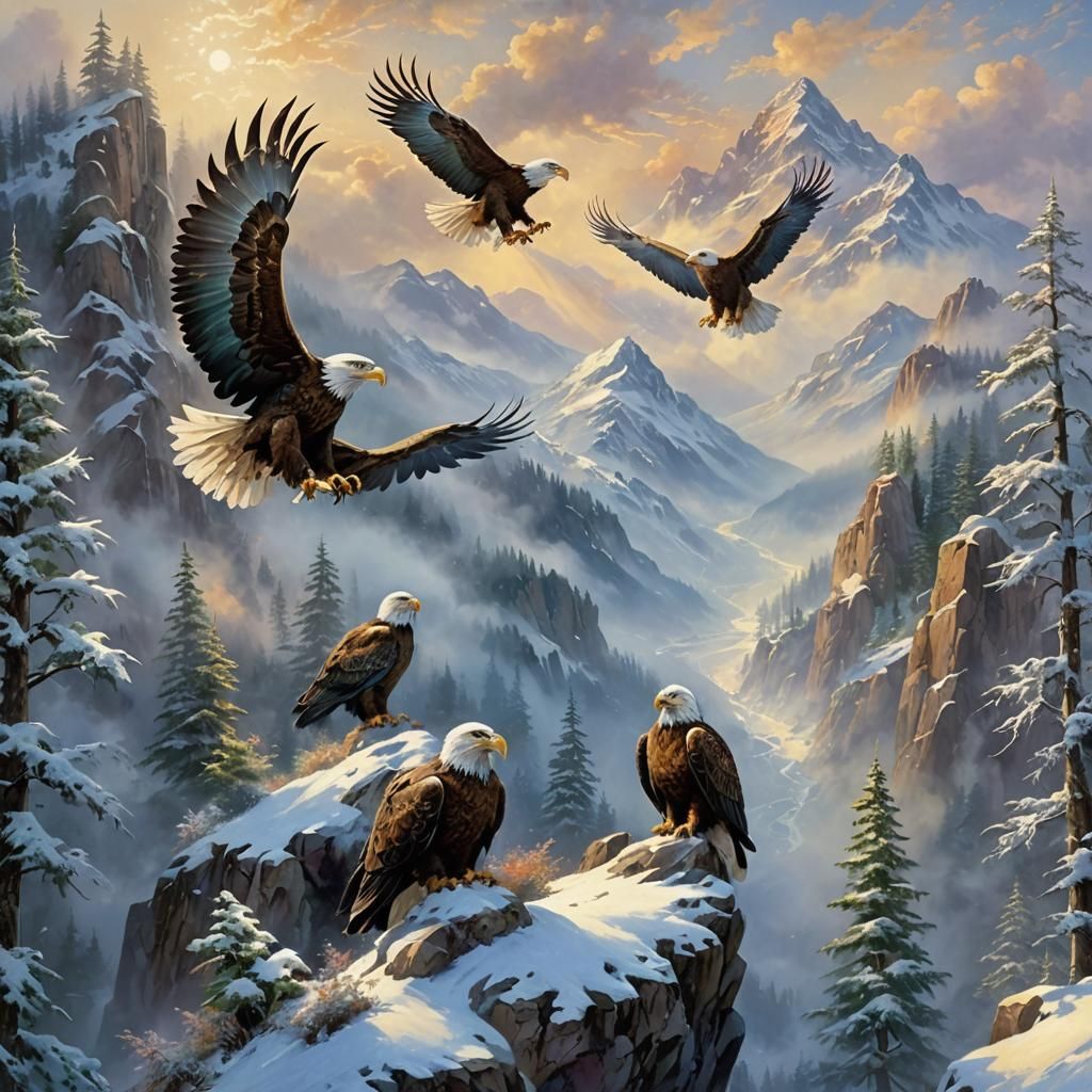Eagles in Snowy Mountain Landscape