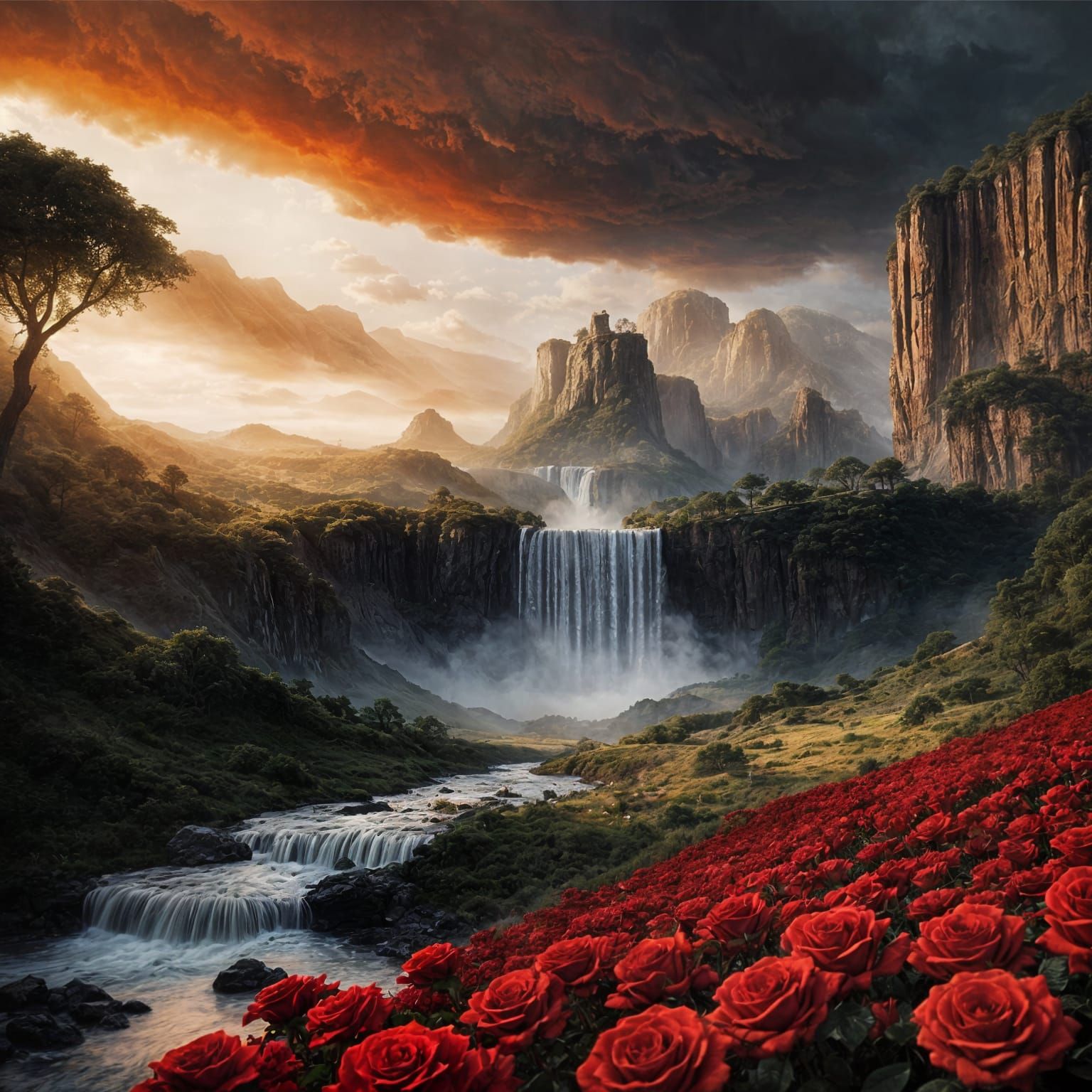 Dramatic Rose Meadow and Waterfall Scene