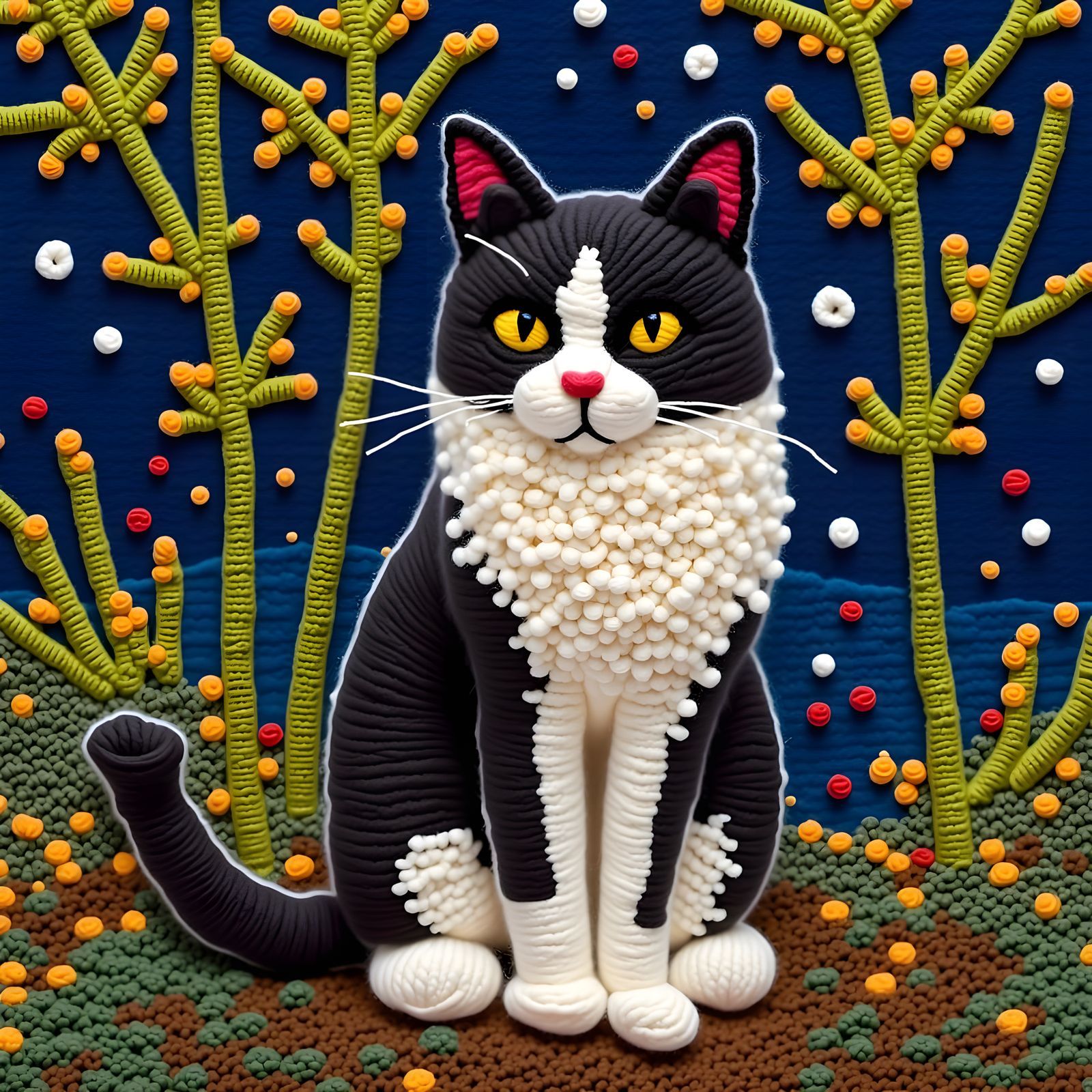 Needlepoint Cat Tapestry at Night