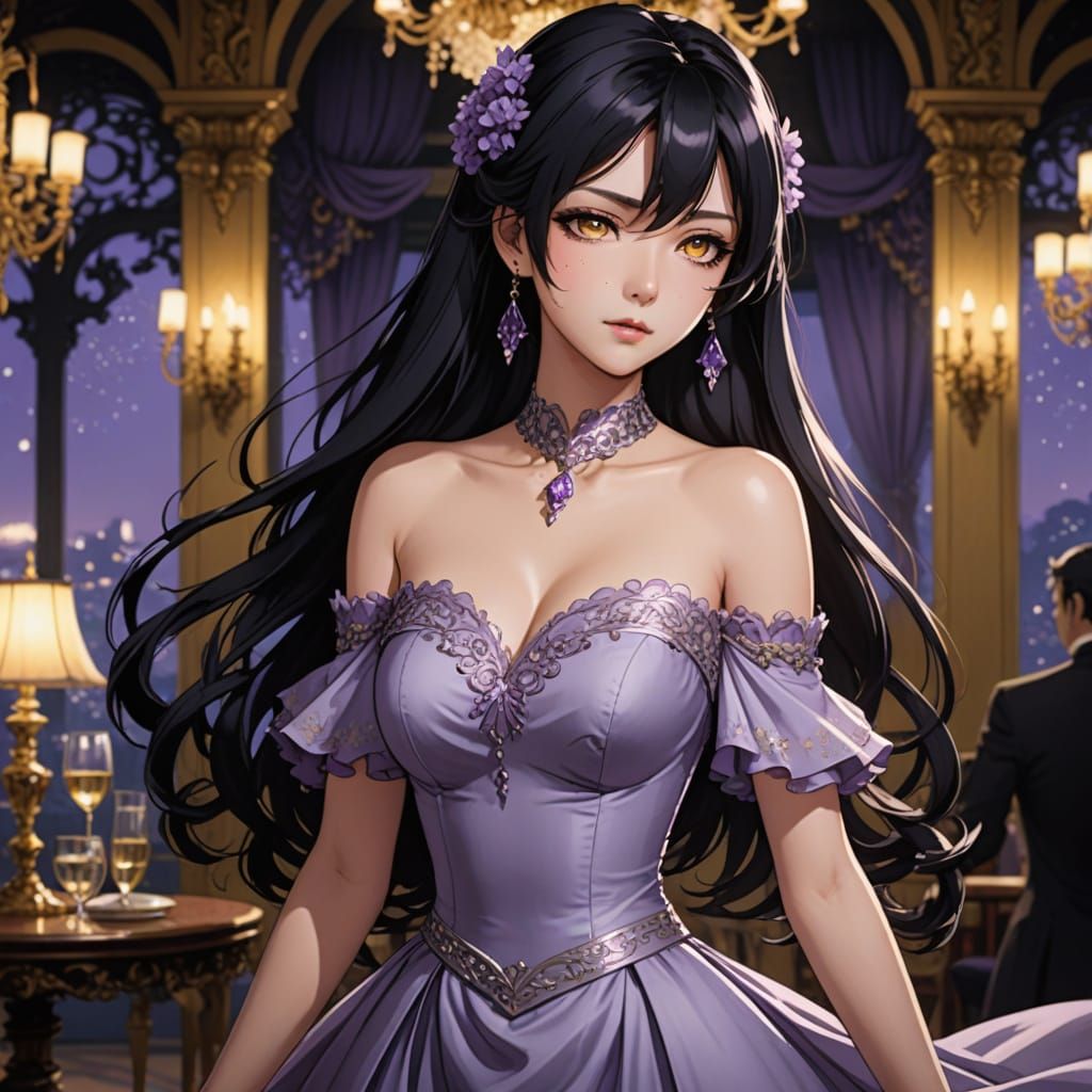 Anime Style Portrait in Dimly Lit Ballroom