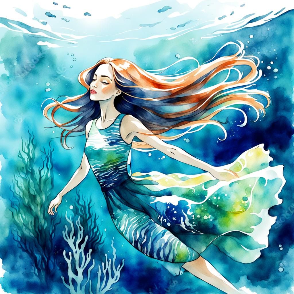 Underwater Girl with Flowing Hair, Watercolor Sketch