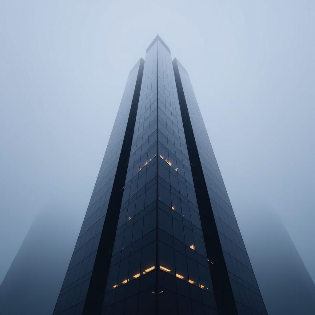 Minimalist Skyscraper in Hazy Sky, Architectural Photography