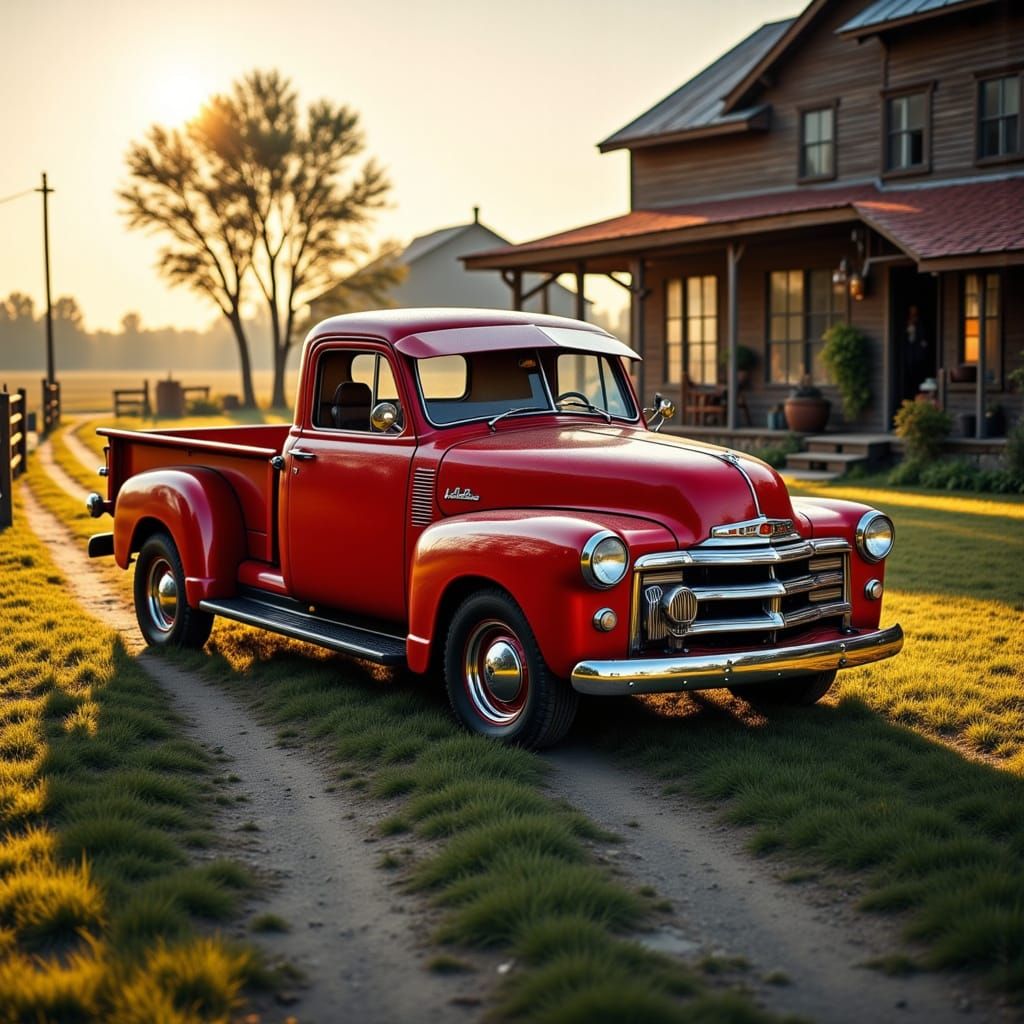 Restored Vintage Red Pickup Truck at Golden Hour