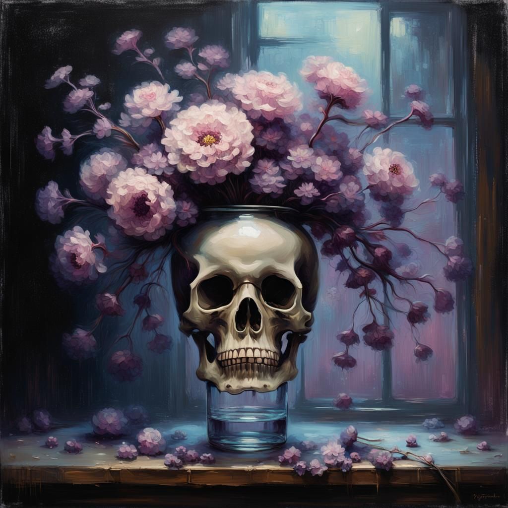 Skull Vase Overflowing with Ghostly Flowers