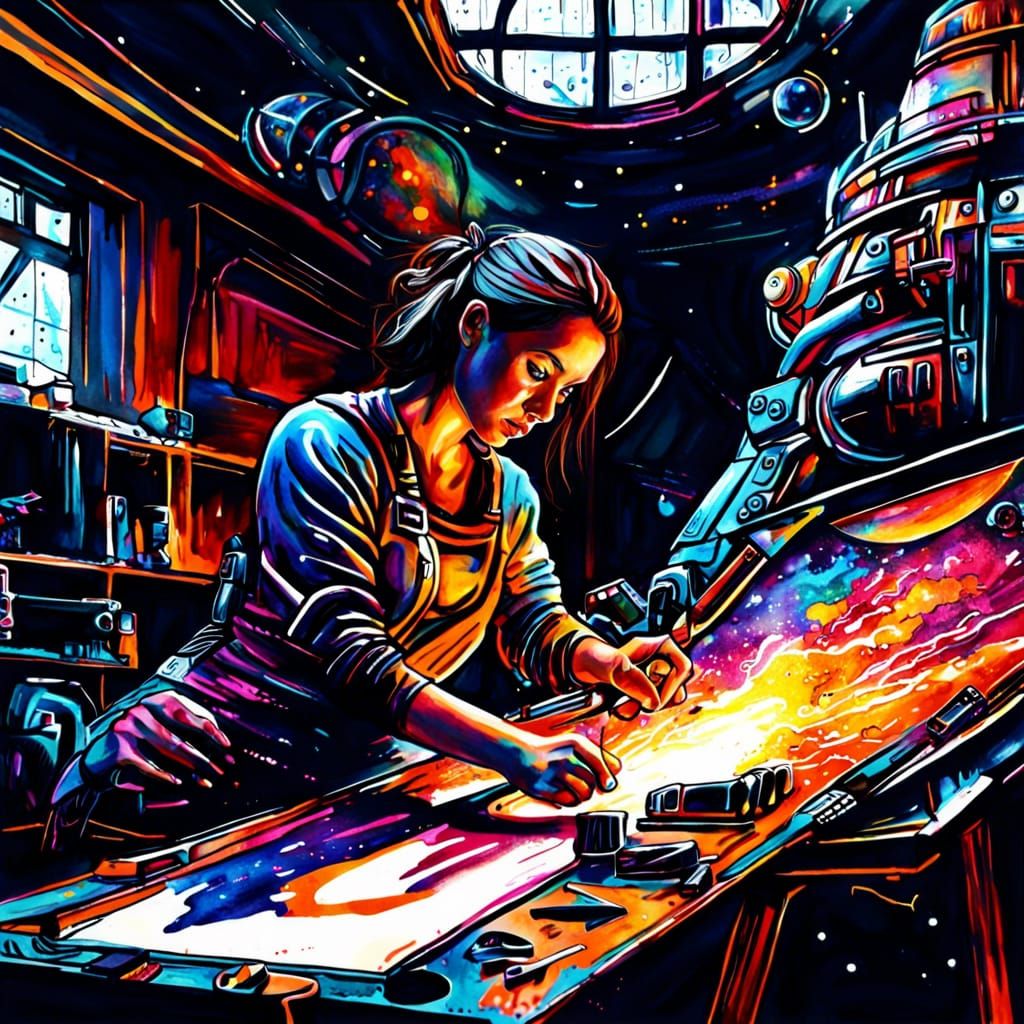 Woman Builds Rocket in Dystopian Future: Hyperrealistic Art