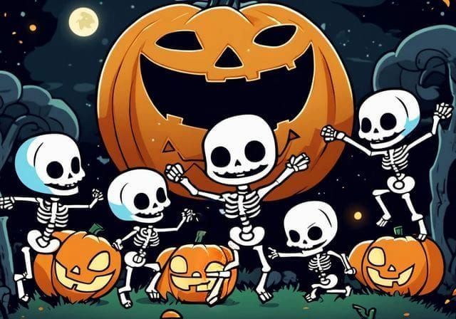 Cheerful Chibi Skeletons Dance in Cemetery, Anime Style