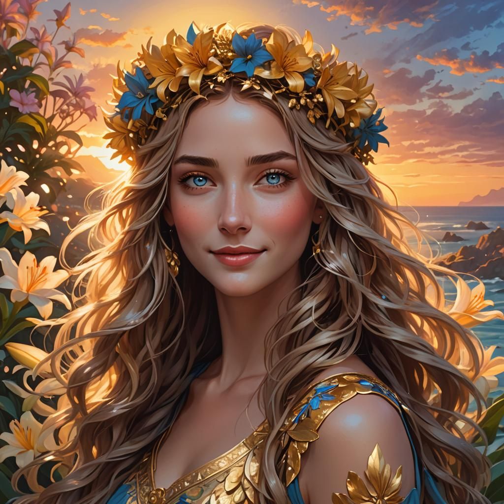 Girl with Flower Crown and Flowing Hair