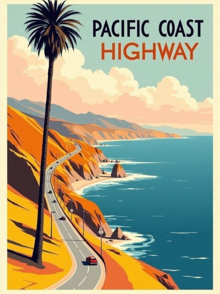 Vintage-Style Pacific Coast Highway Travel Poster