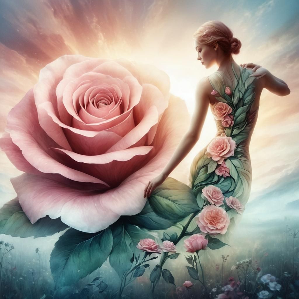 A graceful woman, her elegant figure merging into the petals...